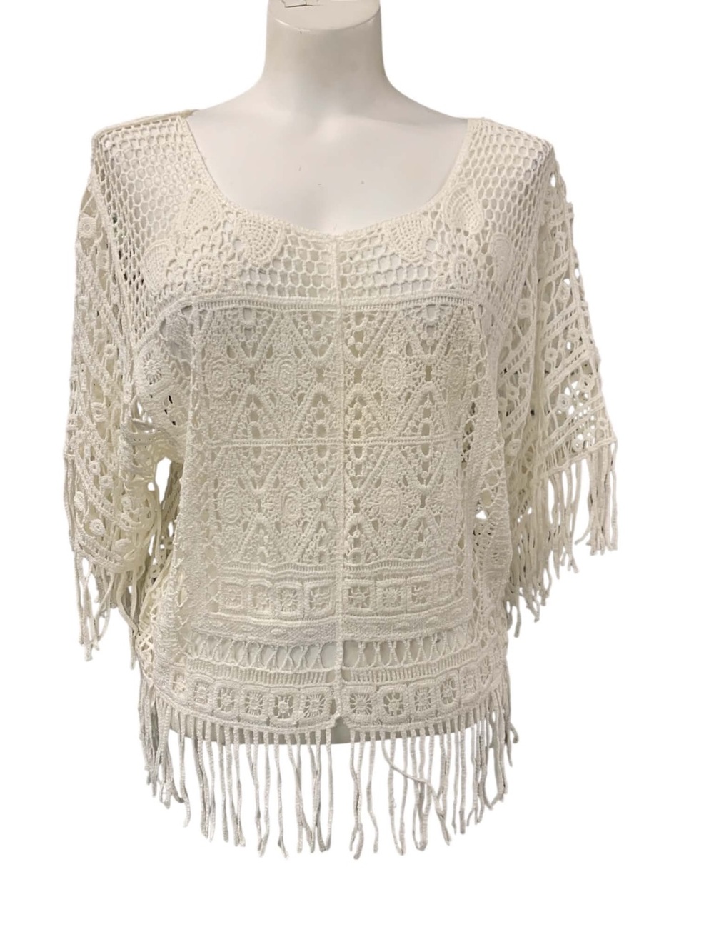 Open Crochet Fringe Knit Sweater - Cream Size M